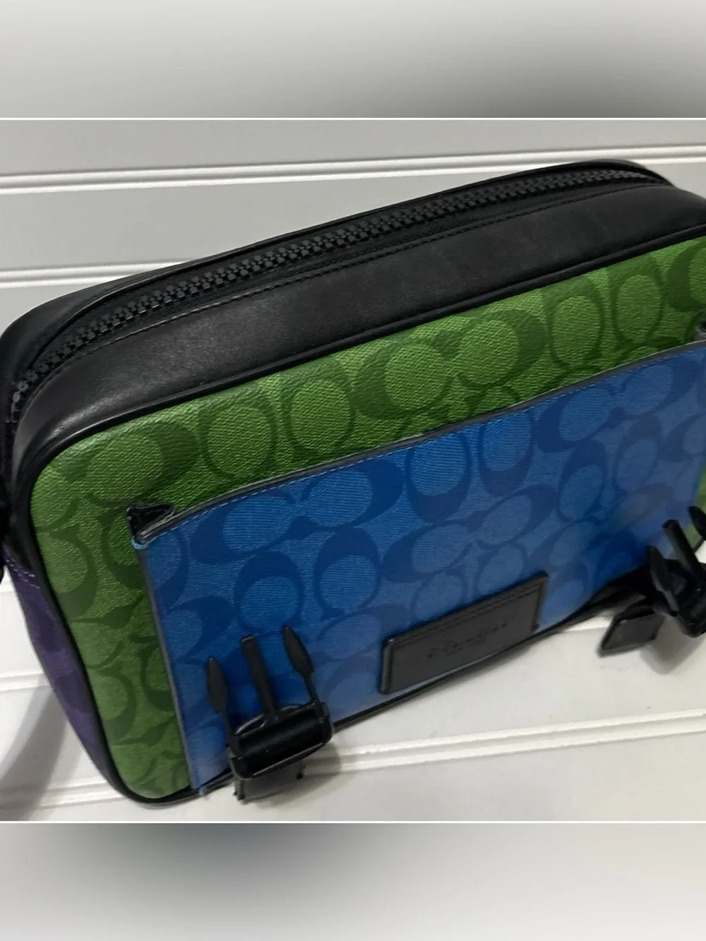 COACH Track 27 Blue Green Purple Blocked Signature Messenger Crossbody Mens Bag